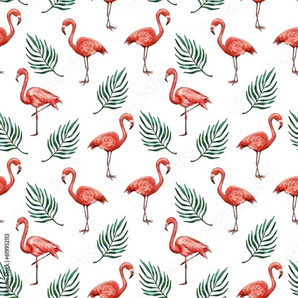 Fototapeta Pink flamingos and green areca palm leaves. Seamless watercolor patter on a white background. Design of textiles, wrapping paper, clothes, covers.