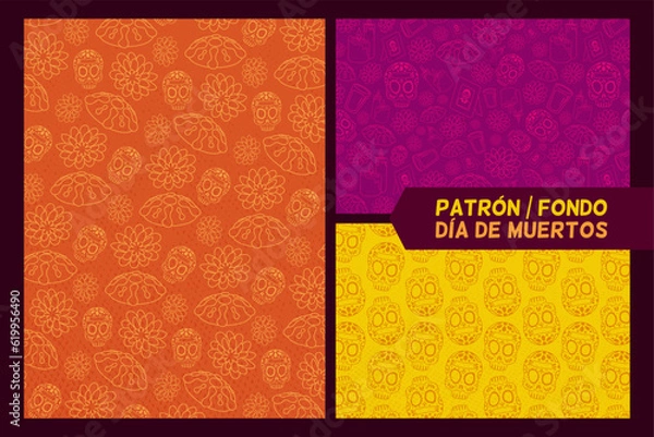 Obraz Conjunto de patrones o fondos con elementos de día de muertos como pan de muerto, cempasúchil, retrato, etc. Tradición mexicana.