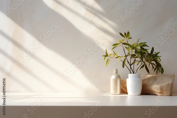 Fototapeta Minimal Elegance: Abstract White Stone Podium with Delicate Leaf Shadows, Exuding Premium Serenity in 3D Rendering