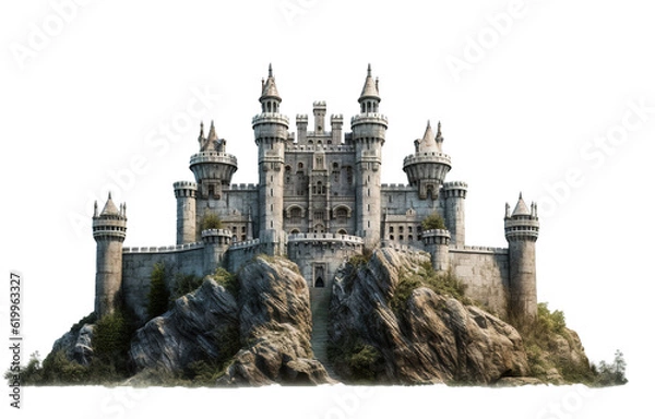 Obraz Medieval Castle over big rocks over white transparent background