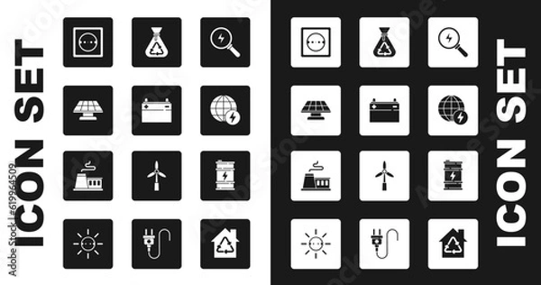 Fototapeta Set Lightning bolt, Car battery, Solar energy panel, Electrical outlet, Global power planet, Garbage bag with recycle, Bio fuel barrel and Factory icon. Vector
