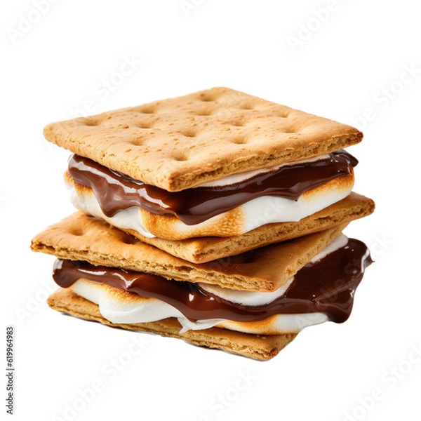 Obraz a delicious Smore with melted Chocolate crunchy Graham Cracker and a gooey Marshmellow, camping, isolated,  Food-themed, photorealistic illustrations in a PNG, cutout, and isolated. Generative AI