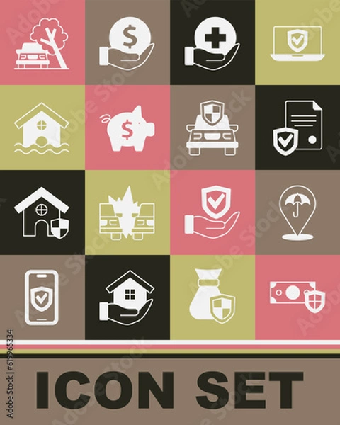 Fototapeta Set Money with shield, Umbrella, Contract, Life insurance, Piggy bank, House flood, Car damaged by fallen tree and icon. Vector