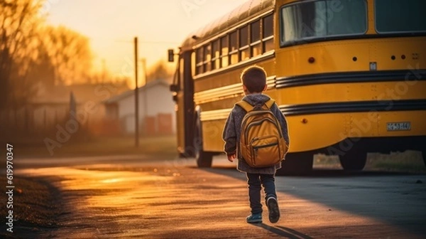 Fototapeta boy reaching his bus truck to go to school, little boy with bus and yellow backpack, mexico