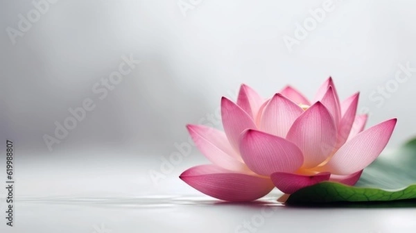 Fototapeta Close up pink lotus flower plant with green leaves, with text space can use for advertising, ads, branding