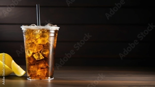 Fototapeta Honey lemon tea ice on black background, with text space can use for advertising, ads, branding