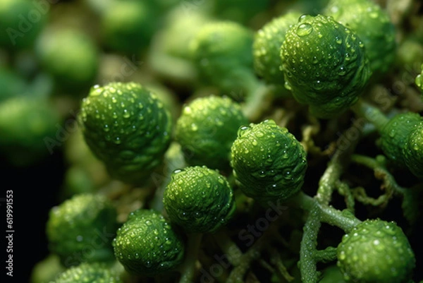 Fototapeta Macro shots capture the intricate details and textures of Brussels sprouts, revealing their unique patterns and vibrant colors. Generative AI.