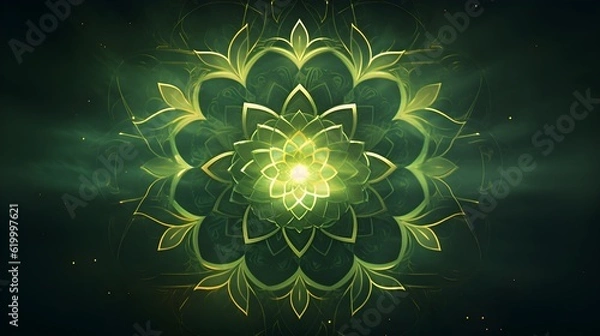 Obraz Radiant Anahata chakra symbol with mandala backdrop. Spiritual illustration for heart chakra meditation. green abstract design for Anahata Chakra with glowing light. generative ai 