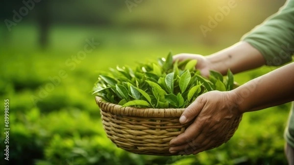 Fototapeta picking tip of green tea leaf with a bamboo basket by human hand on tea plantation hill during early morning. closeup of woman's hands keep tea leaf