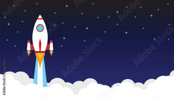 Fototapeta Flat style rocket launch in the night sky flying over clouds. Space ship in smoke clouds. Business and Start up with copy space concept template