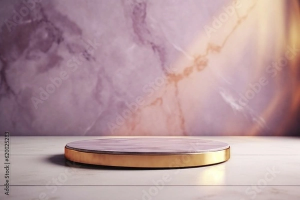 Obraz 薄い紫のマーブル模様の背景と金色の丸い展示台がある抽象テンプレート。AI生成画像