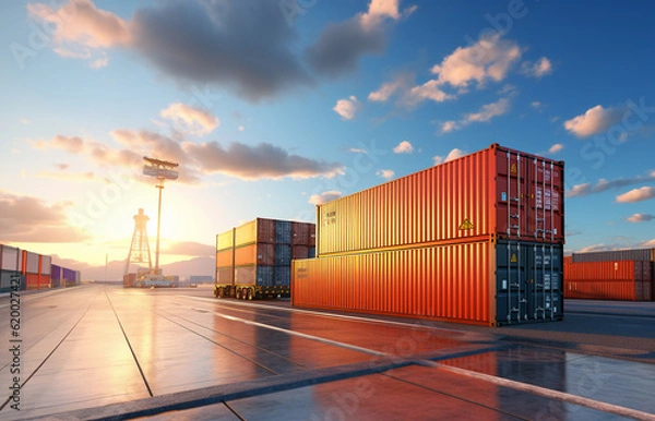 Fototapeta cargo shipping container working at sea port logistic busi. AI Generative.