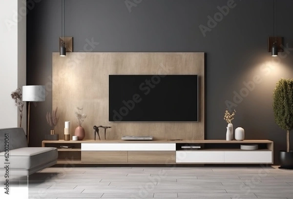 Fototapeta Interior mock up living room. cabinet for TV or place object in modern living room with lamp,table,flower and plant. AI Generative.