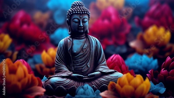 Obraz Meditating buddha statue on beautiful colorful floral striped background.