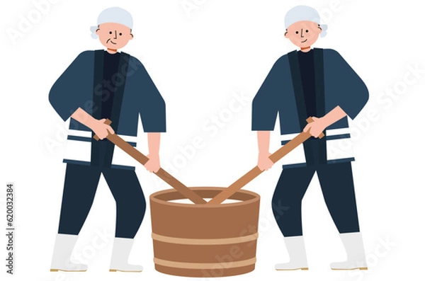 Obraz 日本酒を作る杜氏の男性二人のイラスト