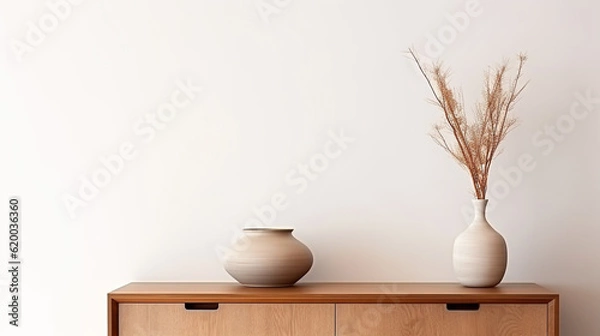 Fototapeta wooden cabinet with ceramic vase and cup on its and white wall background. modern and cozy living room interior deign. generative AI