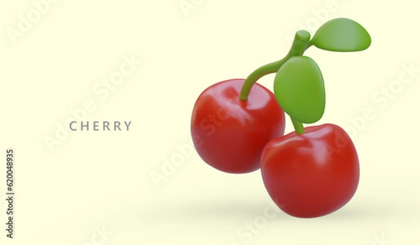 Fototapeta Two ripe cherries. 3D vector illustration on yellow background. Red tree berries. Natural summer dessert. Color poster in modern style. Acceptance of orders for freshly picked fruit