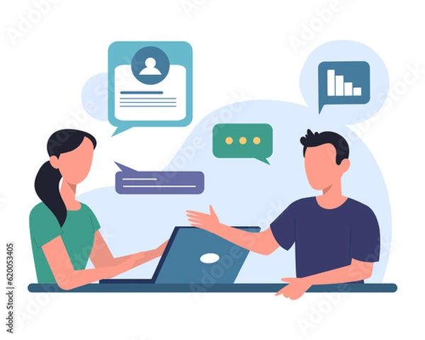 Fototapeta Adult man talking with HR manager in office. Process of talking with candidates. Human resource management representatives. Vector flat illustration in blue colors