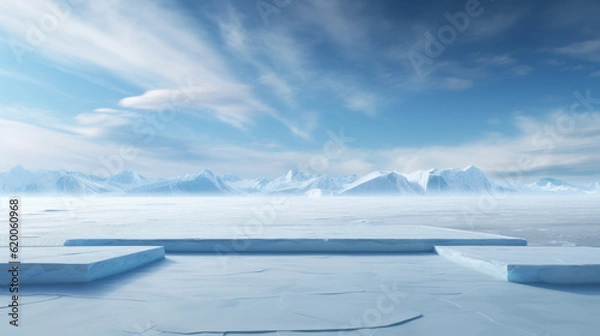 Fototapeta Natural ice podium, background on ice snow mountain with snow covered floor for product stand display. Generative AI