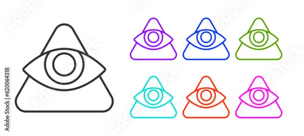 Fototapeta Black line Masons symbol All-seeing eye of God icon isolated on white background. The eye of Providence in the triangle. Set icons colorful. Vector