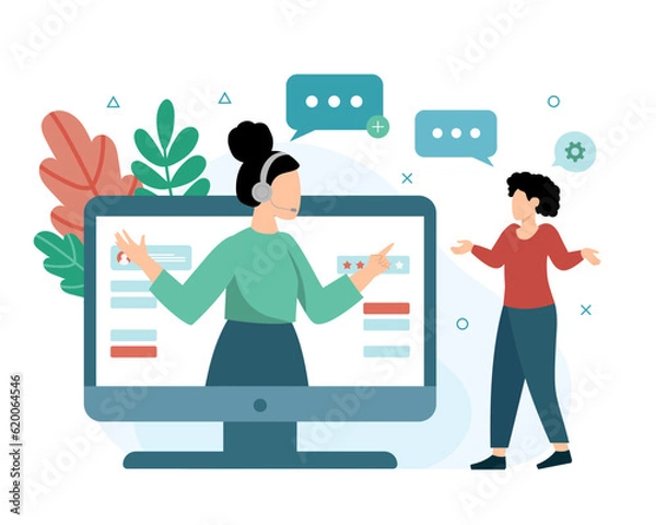 Fototapeta Female from call center talking with client, helping to solve problem. Customer support department staff. Hotline operator advisers. Customer service communication. Vector illustration in blue colors