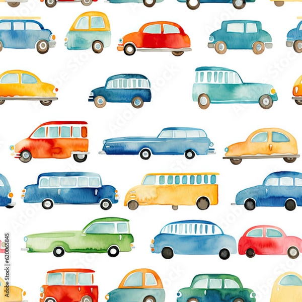 Fototapeta Grafisches nahtloses Muster mit kindlichen bunten Autos im Wasserfarben, Aquarell Stil, KI generiert