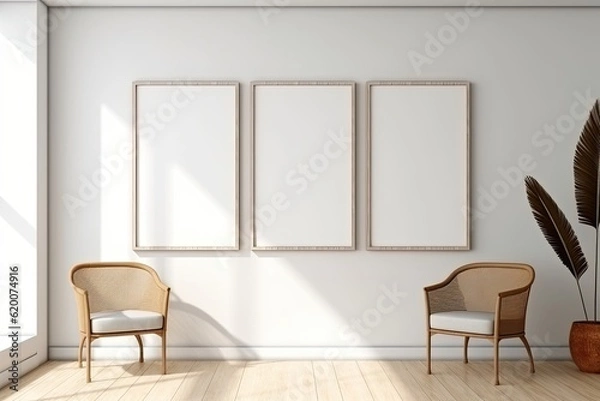 Fototapeta three empty wooden picture frames in a minimalistic room - created using generative Ai tools
