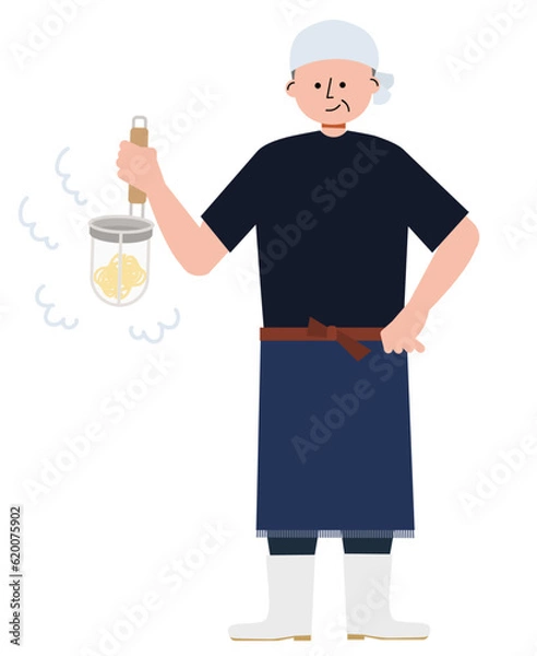 Obraz ラーメンの湯切りをするラーメン屋の店主の男性のイラスト