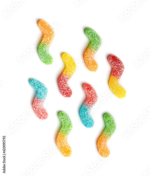Fototapeta Multi-colored marmalade candies in sugar on a white background, top view.