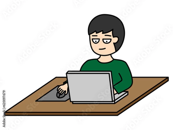 Obraz 机の上でノートパソコンを使って作業をする若い男性のイラスト