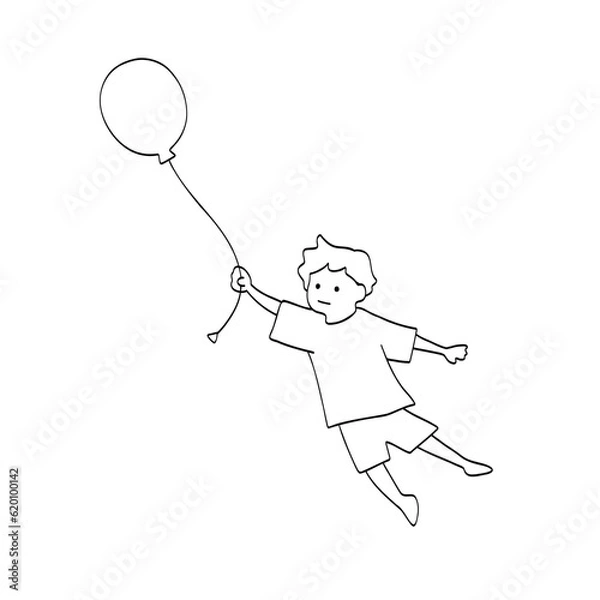 Fototapeta 風船を持って飛んでいく子どもの線画イラスト　白黒
