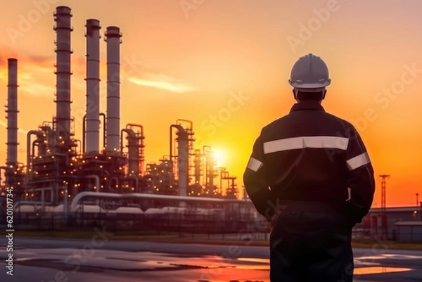 Obraz Engineer Checking List at Petrochemical Refinery Complex. Generative AI.