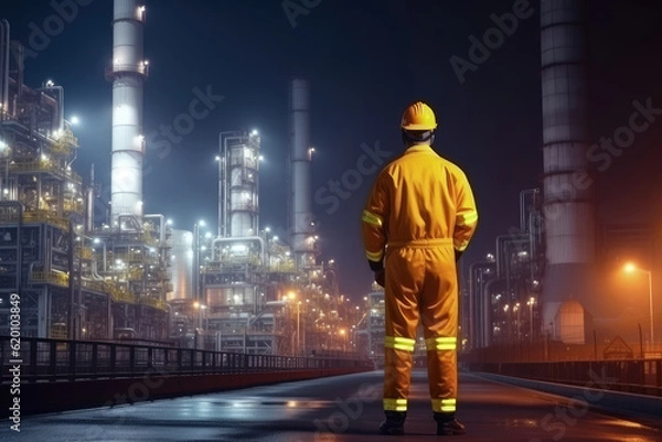 Fototapeta Engineer in a protective suit stands with his back turned, diligently checking a list at a petrochemical refinery complex. Generative AI.