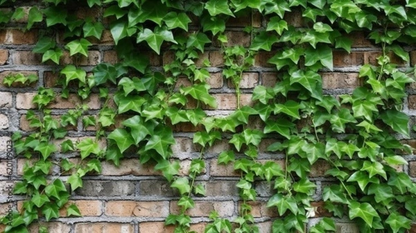 Fototapeta Wall adorned with a green leaf plant, specifically an ivy vine, showcasing the lush and vibrant leaves that cascade down the surface. Generative Ai
