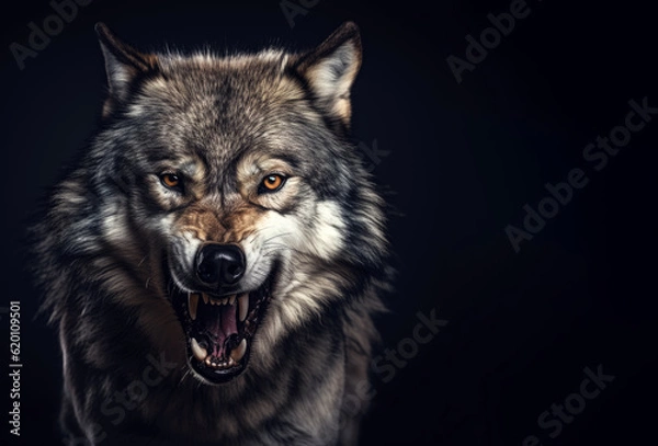 Obraz Angry grey wolf portrait on black with copy-space