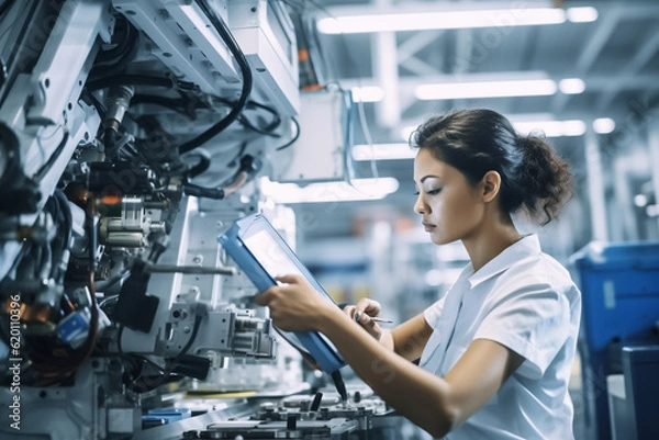 Obraz Woman working intently on a complicated industry 4.0 robot plant in technology factory - Generative AI