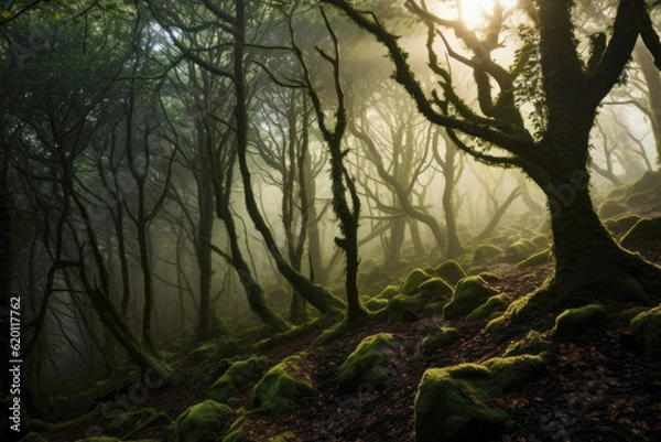 Fototapeta Deciduous forest in the soft morning light. Generative AI.