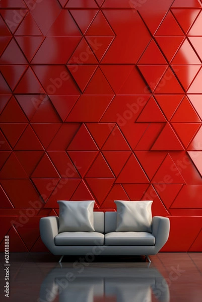 Fototapeta  Triangular tile Wallpaper with 3D Red blocks and a couch