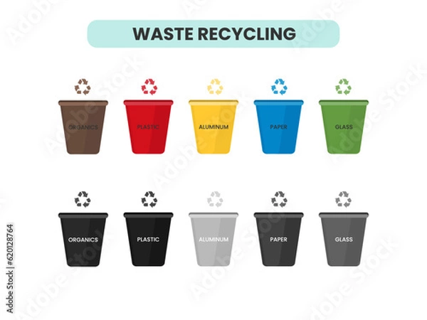 Fototapeta Infographics separation of garbage. Sorting and recycling of garbage, waste recycling. Organic, plastic, aluminum, paper, glass. Vector illustration design. Modern flat style.