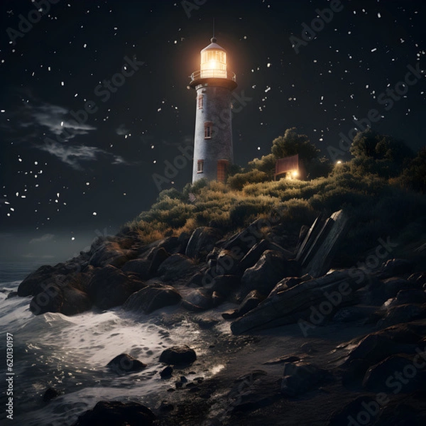 Fototapeta lighthouse at night in the sea