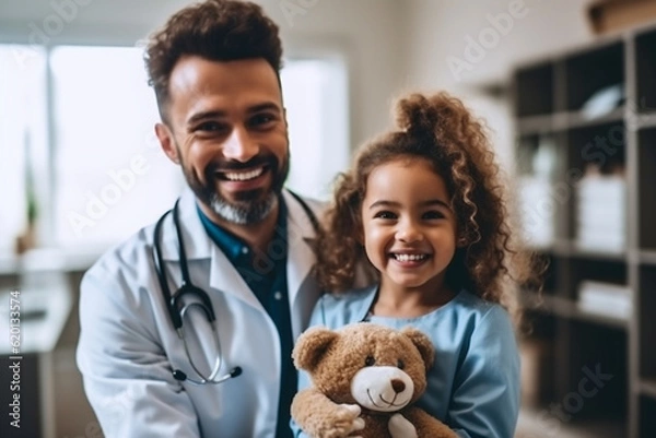 Fototapeta A portrait of a dentist doctor and a young patient, with the dentist playfully holding a tooth puppet, creating a friendly atmosphere Generative AI