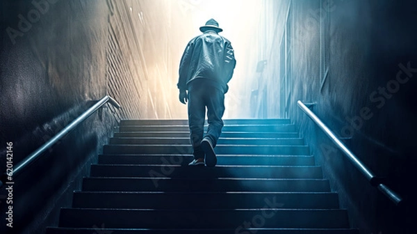 Fototapeta Rear view of a businessman ascending a staircase, generative AI.