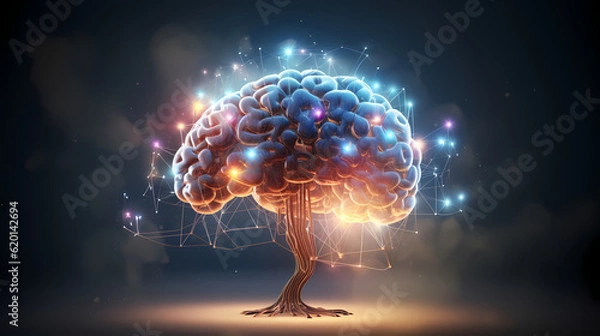 Fototapeta Human brain showing Intelligent thinking processing through the concept of a neural network printed circuit of big data and artificial intelligence - AI generated.
