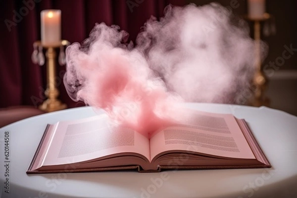 Fototapeta Illustration of an open book with smoke rising from its pages,created using generative AI