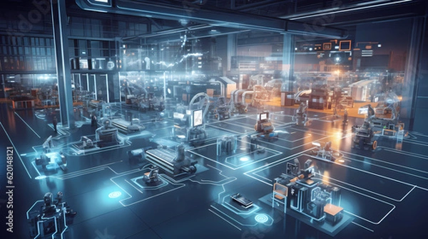 Obraz Smart factory - Industry 4.0 - Advanced automation - Machinery - Robotics - Futuristic industrial setting - Innovation - Engineering - Technological advancements - AI generated.