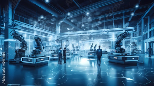 Obraz Smart factory - Industry 4.0 - Advanced automation - Machinery - Robotics - Futuristic industrial setting - Innovation - Engineering - Technological advancements - AI generated.