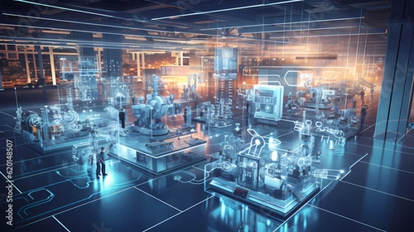 Fototapeta Smart factory - Industry 4.0 - Advanced automation - Machinery - Robotics - Futuristic industrial setting - Innovation - Engineering - Technological advancements - AI generated.