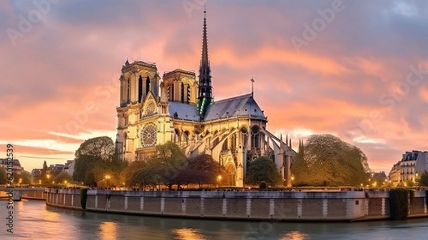 Fototapeta Notre-Dame Cathedral in Paris during evening time.
Created with Generative Ai technology.