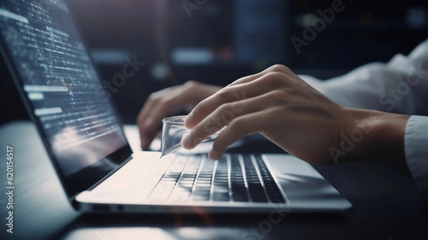 Fototapeta Browsing Internet Data Information Search engine with businessman hand background. Man clicking internet search bar accessing homepage on computer touch screen. Digital Networking , Generative Ai