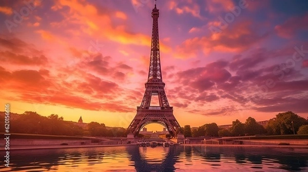 Fototapeta The majestic Eiffel Tower in Paris during evening time Created with Generative Ai technology.